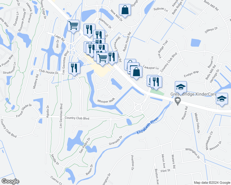 map of restaurants, bars, coffee shops, grocery stores, and more near 902 Summerfield Crescent in Chesapeake