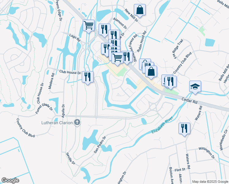 map of restaurants, bars, coffee shops, grocery stores, and more near 614 Whisper Walk in Chesapeake