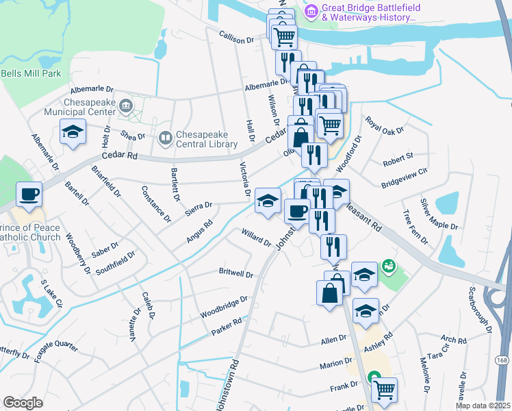 map of restaurants, bars, coffee shops, grocery stores, and more near 136 Horse Run Drive in Chesapeake
