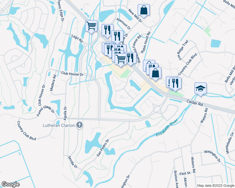 map of restaurants, bars, coffee shops, grocery stores, and more near 614 Whisper Walk in Chesapeake