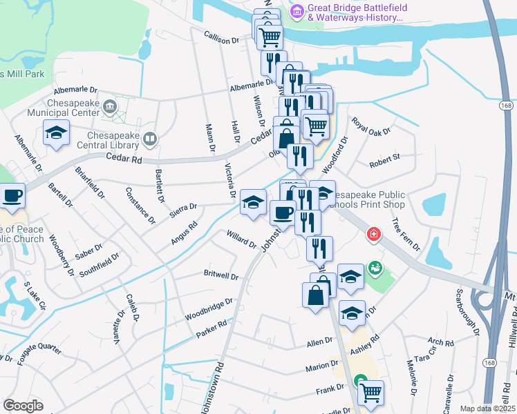 map of restaurants, bars, coffee shops, grocery stores, and more near 121 Horse Run Drive in Chesapeake