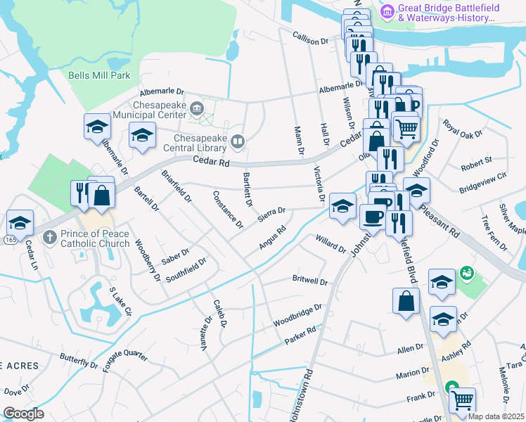 map of restaurants, bars, coffee shops, grocery stores, and more near 309 Bartlett Drive in Chesapeake