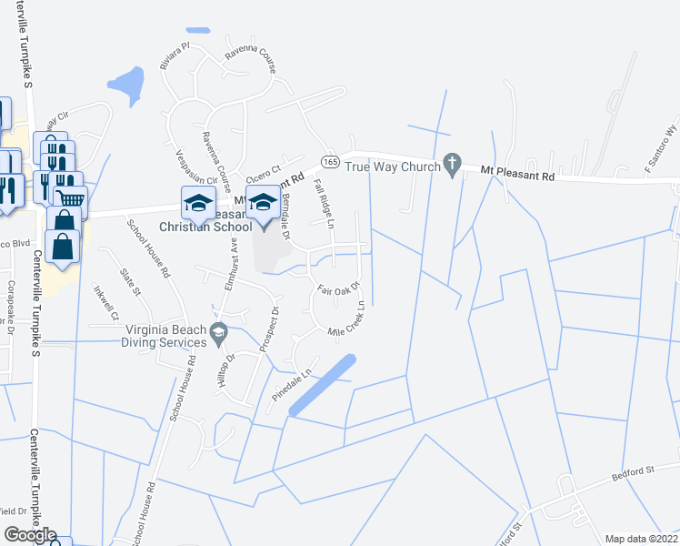 map of restaurants, bars, coffee shops, grocery stores, and more near 513 Fall Ridge Court in Chesapeake