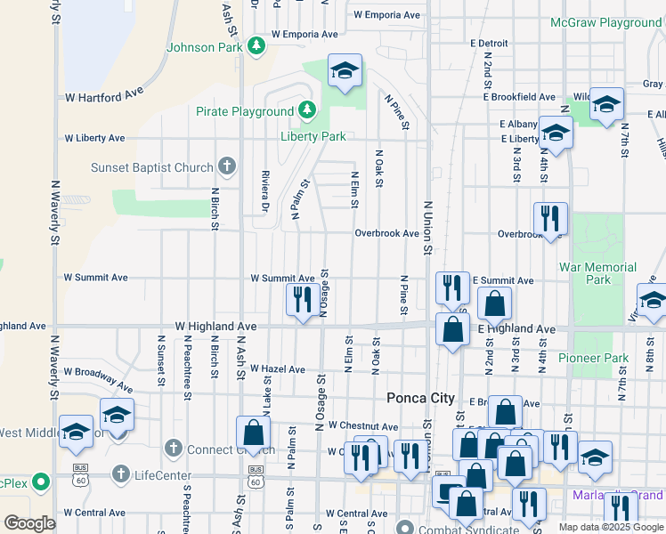 map of restaurants, bars, coffee shops, grocery stores, and more near 822 North Osage Street in Ponca City