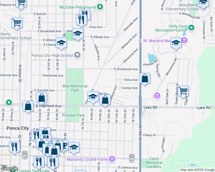 map of restaurants, bars, coffee shops, grocery stores, and more near 219 Virginia Avenue in Ponca City