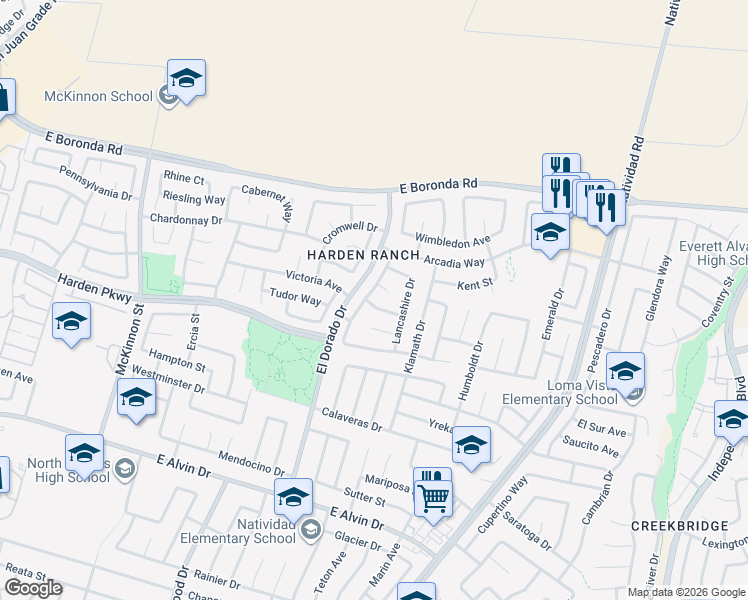 map of restaurants, bars, coffee shops, grocery stores, and more near 1850 Buckingham Dr in Salinas