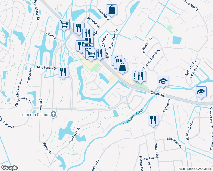 map of restaurants, bars, coffee shops, grocery stores, and more near 901 Summerfield Crescent in Chesapeake
