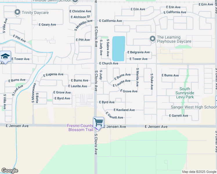 map of restaurants, bars, coffee shops, grocery stores, and more near 5626 Burns Avenue in Fresno