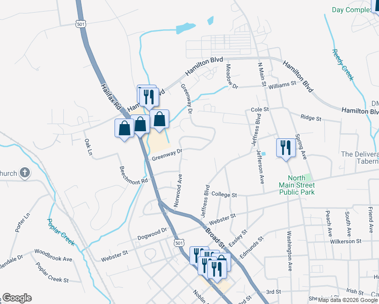 map of restaurants, bars, coffee shops, grocery stores, and more near 600-698 Greenway Dr in South Boston