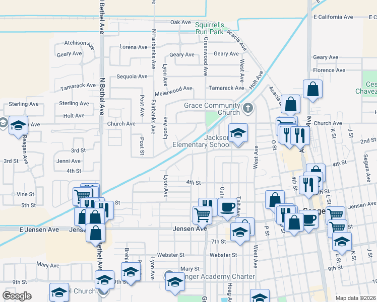 map of restaurants, bars, coffee shops, grocery stores, and more near 2160 3rd Street in Sanger