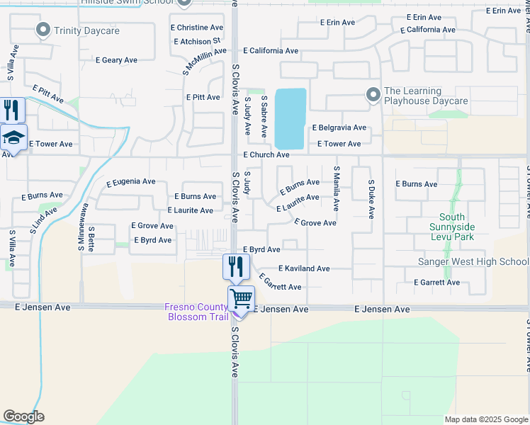 map of restaurants, bars, coffee shops, grocery stores, and more near 5626 Burns Avenue in Fresno