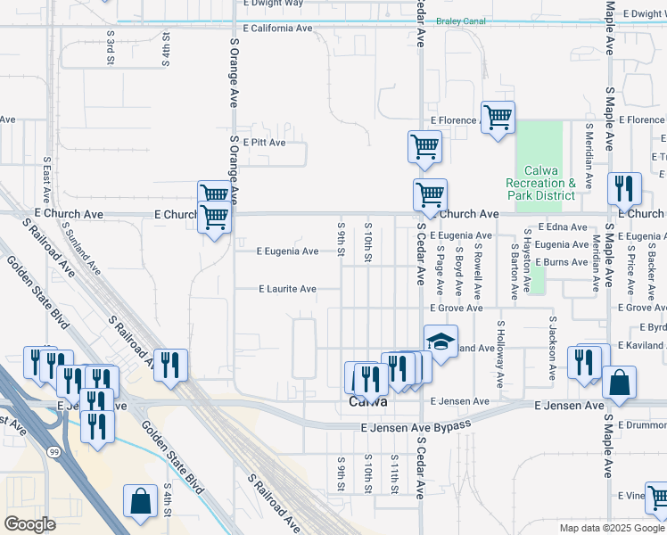 map of restaurants, bars, coffee shops, grocery stores, and more near 2443 South 9th Street in Fresno