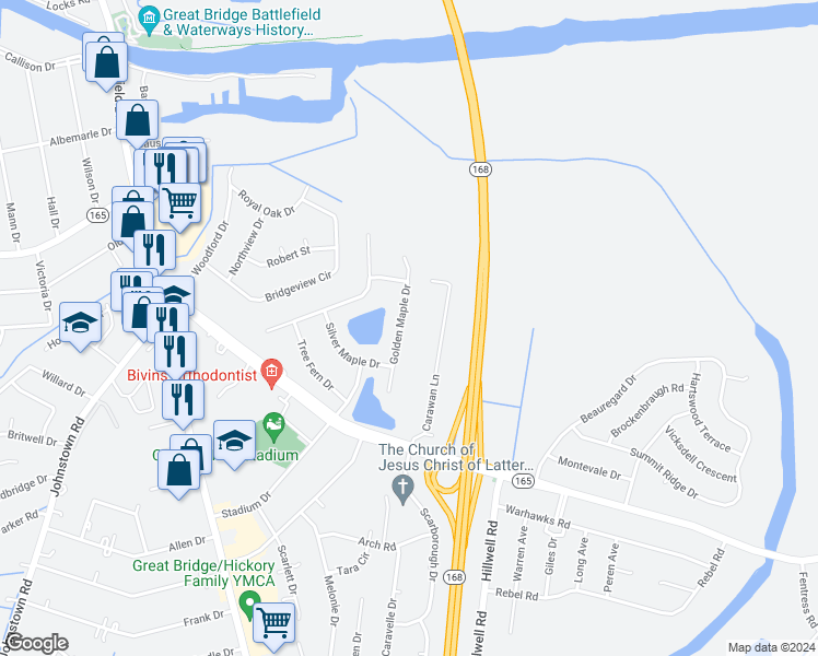 map of restaurants, bars, coffee shops, grocery stores, and more near 213 Golden Maple Drive in Chesapeake