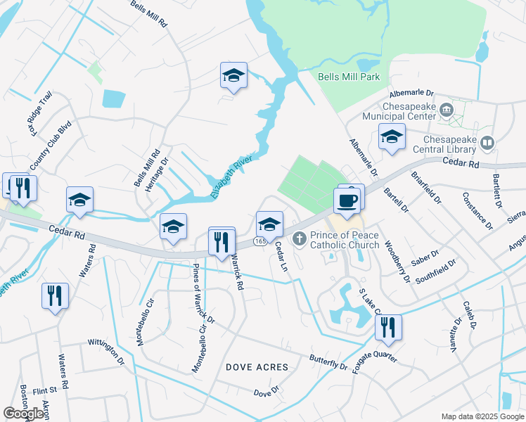 map of restaurants, bars, coffee shops, grocery stores, and more near 610 Mill Landing Road in Chesapeake