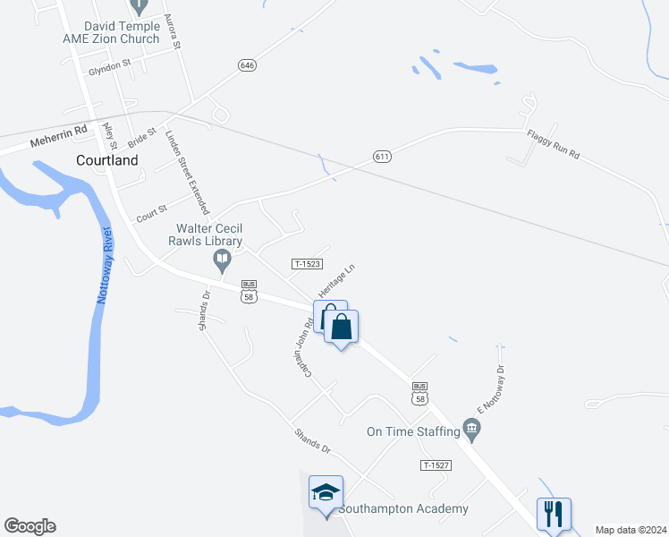 map of restaurants, bars, coffee shops, grocery stores, and more near 26315 Heritage Lane in Courtland