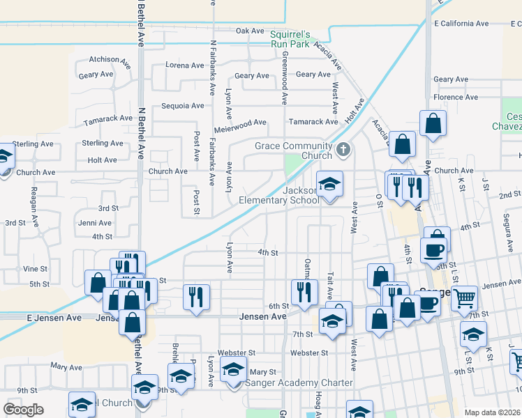 map of restaurants, bars, coffee shops, grocery stores, and more near 2160 3rd Street in Sanger