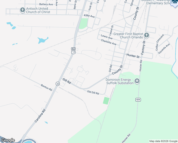 map of restaurants, bars, coffee shops, grocery stores, and more near 116 Nancy Drive in Suffolk