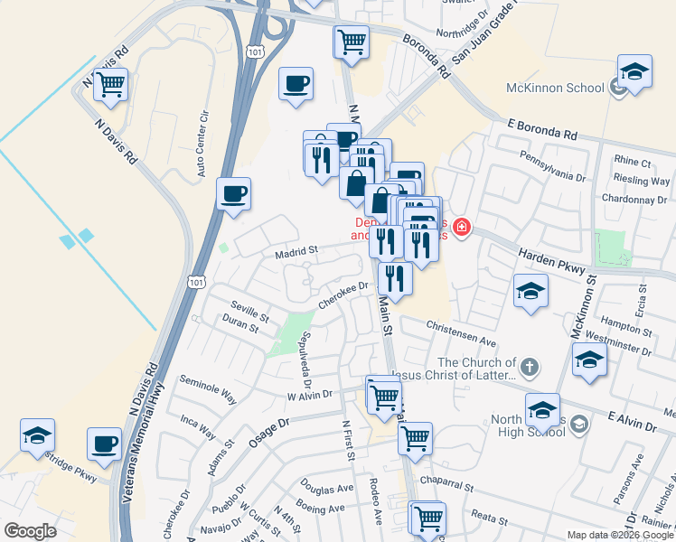 map of restaurants, bars, coffee shops, grocery stores, and more near 1827 Cherokee Drive in Salinas