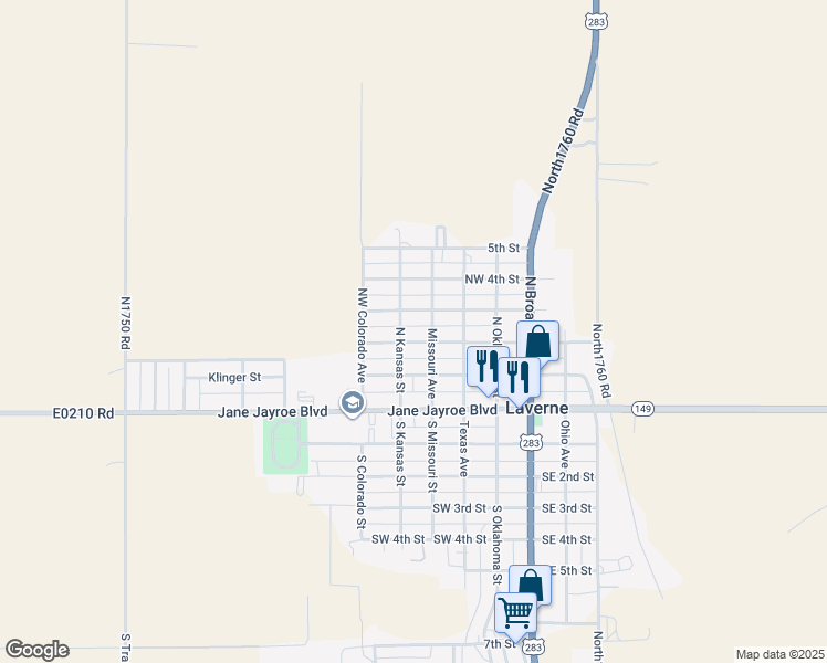 map of restaurants, bars, coffee shops, grocery stores, and more near 315 Kansas Avenue in Laverne