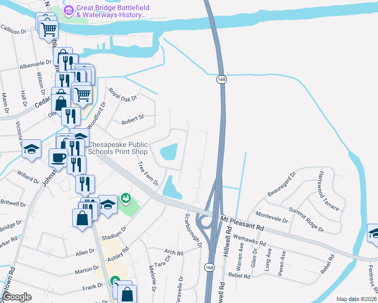 map of restaurants, bars, coffee shops, grocery stores, and more near 213 Golden Maple Drive in Chesapeake