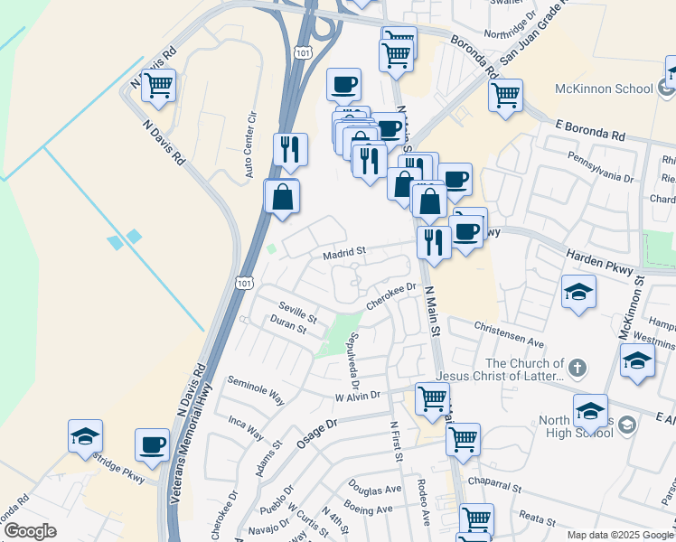 map of restaurants, bars, coffee shops, grocery stores, and more near 1853 Cherokee Drive in Salinas