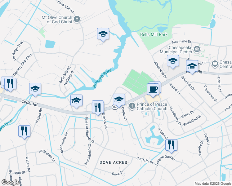 map of restaurants, bars, coffee shops, grocery stores, and more near 610 Mill Landing Road in Chesapeake