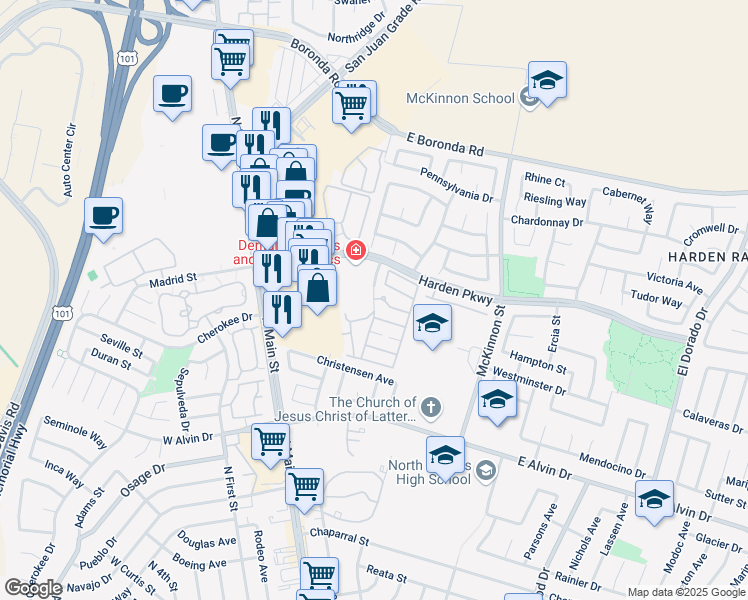 map of restaurants, bars, coffee shops, grocery stores, and more near 416 Regency Circle in Salinas