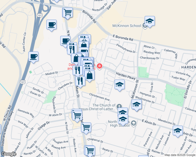 map of restaurants, bars, coffee shops, grocery stores, and more near 290 Regency Circle in Salinas