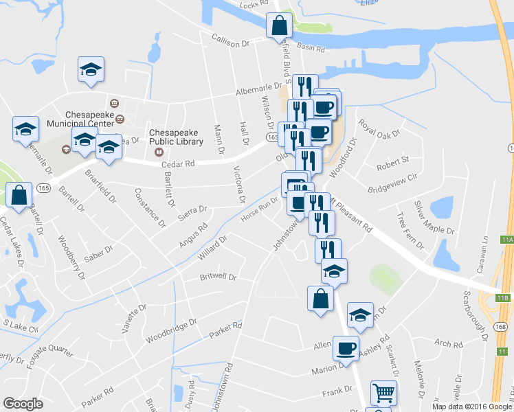 map of restaurants, bars, coffee shops, grocery stores, and more near 126 Horse Run Drive in Chesapeake