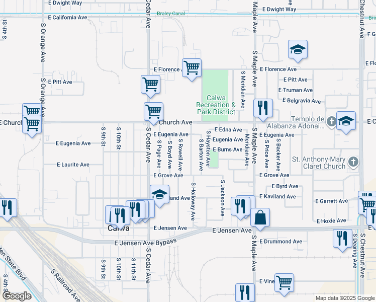 map of restaurants, bars, coffee shops, grocery stores, and more near 2452 South Holloway Avenue in Fresno