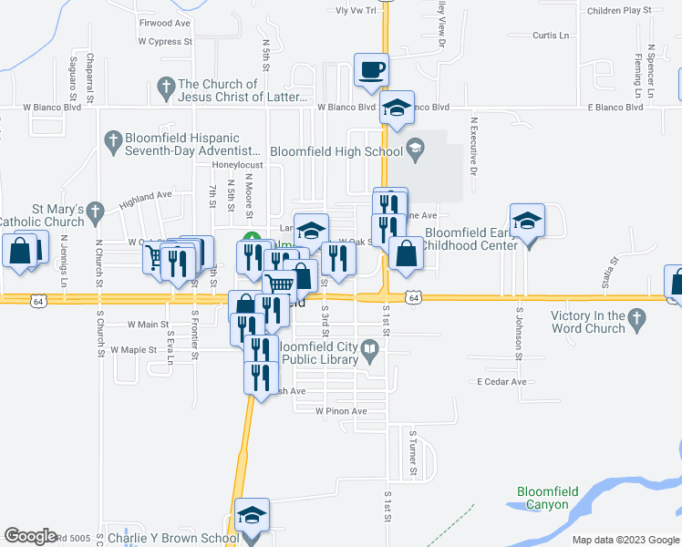 map of restaurants, bars, coffee shops, grocery stores, and more near 211 West Sycamore Avenue in Bloomfield