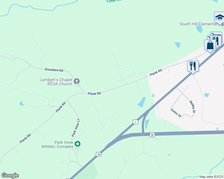 map of restaurants, bars, coffee shops, grocery stores, and more near 2063 Plank Road in South Hill