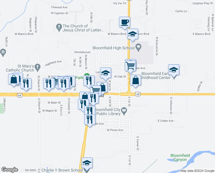 map of restaurants, bars, coffee shops, grocery stores, and more near 313 West Sycamore Avenue in Bloomfield
