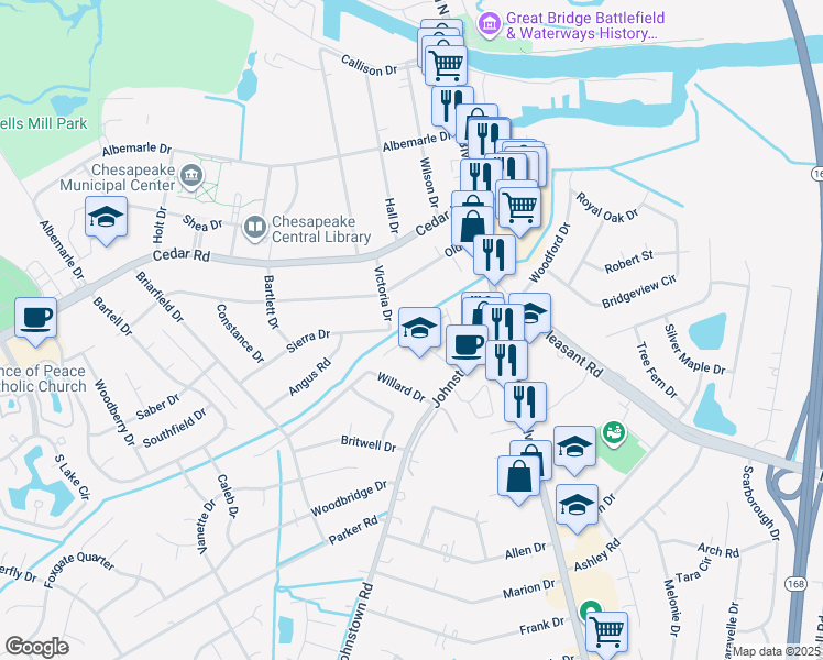 map of restaurants, bars, coffee shops, grocery stores, and more near 126 Horse Run Drive in Chesapeake