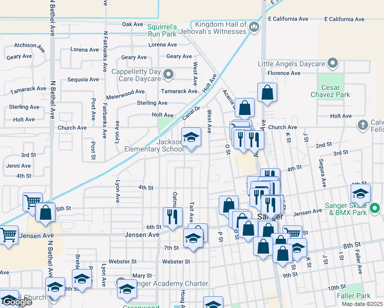 map of restaurants, bars, coffee shops, grocery stores, and more near 1810 3rd Street in Sanger