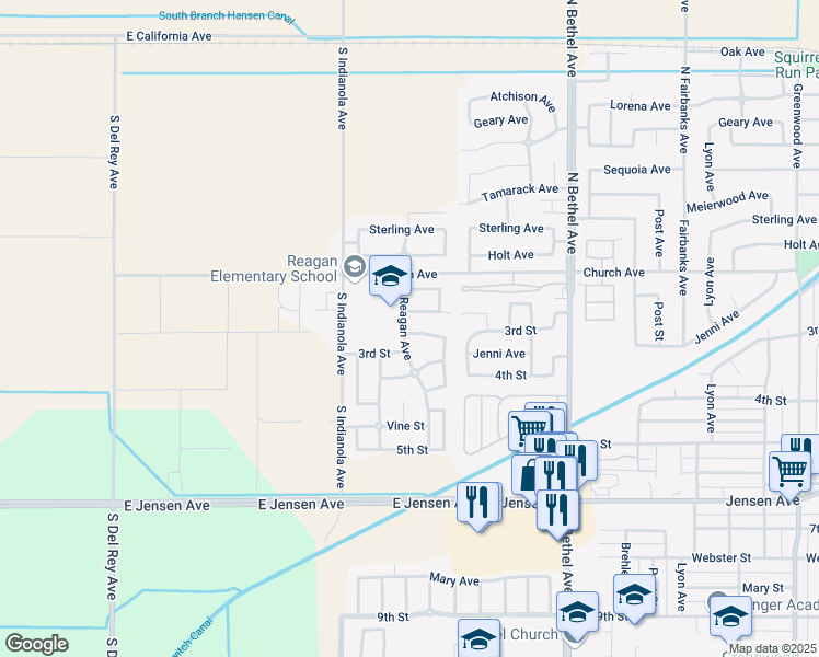 map of restaurants, bars, coffee shops, grocery stores, and more near 2991 Spencer Avenue in Sanger
