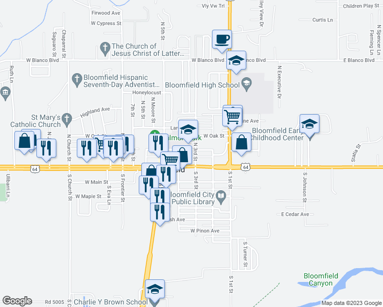 map of restaurants, bars, coffee shops, grocery stores, and more near 310 West Sycamore Avenue in Bloomfield