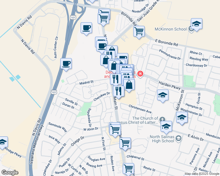 map of restaurants, bars, coffee shops, grocery stores, and more near 1807 Cherokee Drive in Salinas