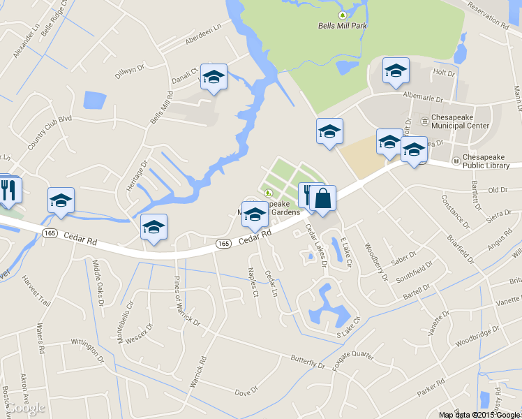map of restaurants, bars, coffee shops, grocery stores, and more near 546 Mill Landing Road in Chesapeake