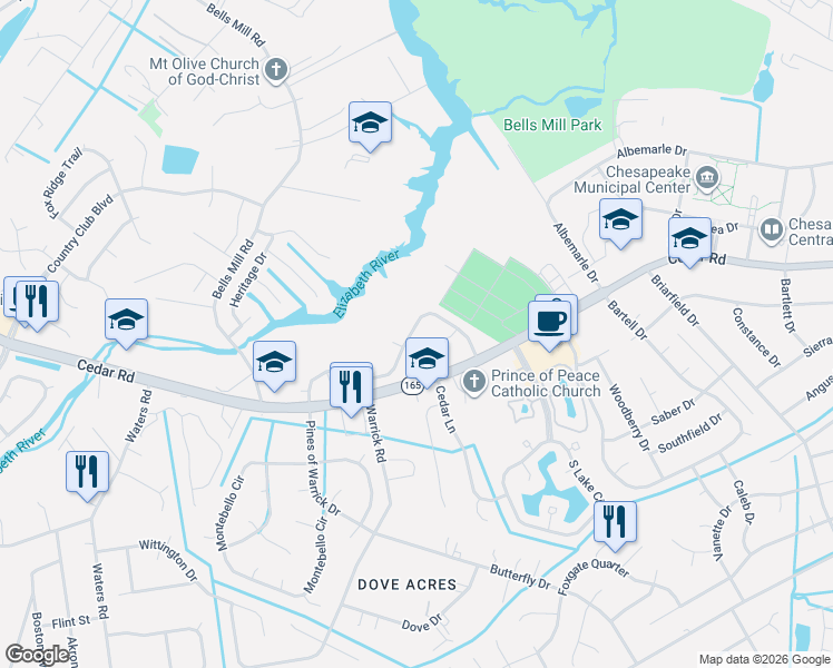 map of restaurants, bars, coffee shops, grocery stores, and more near 610 Mill Landing Road in Chesapeake