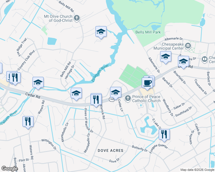 map of restaurants, bars, coffee shops, grocery stores, and more near 610 Mill Landing Road in Chesapeake