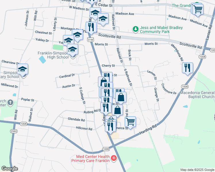 map of restaurants, bars, coffee shops, grocery stores, and more near 657-699 South Main Street in Franklin