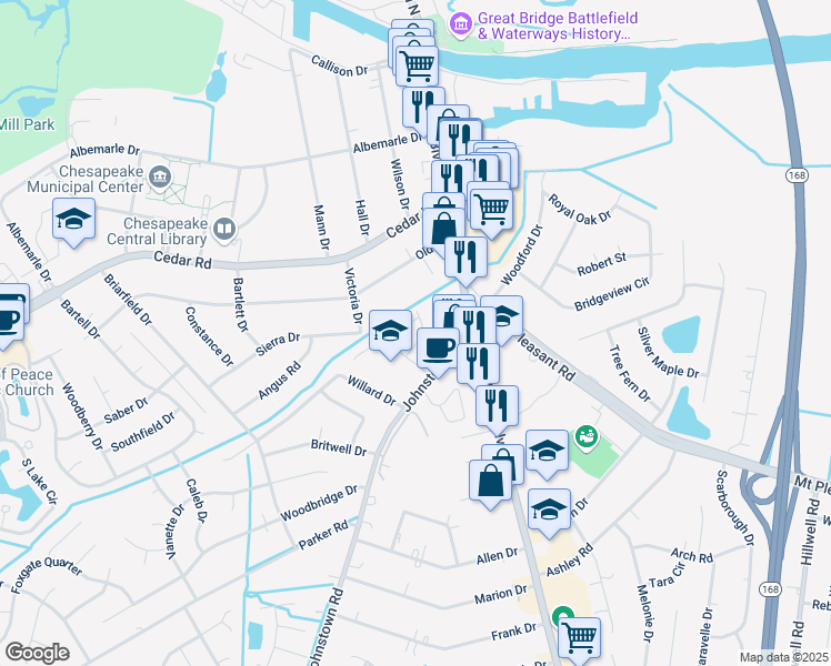 map of restaurants, bars, coffee shops, grocery stores, and more near 316 Nottingham Drive in Chesapeake
