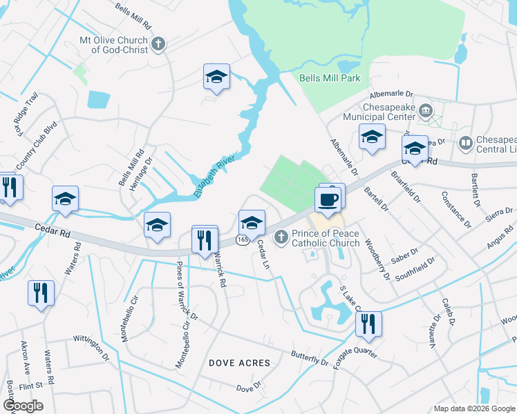map of restaurants, bars, coffee shops, grocery stores, and more near 546 Mill Landing Road in Chesapeake