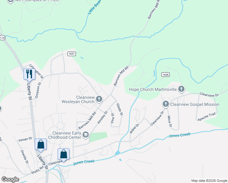 map of restaurants, bars, coffee shops, grocery stores, and more near 1021 Barrows Mill Road in Martinsville