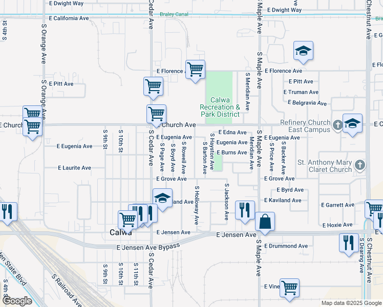 map of restaurants, bars, coffee shops, grocery stores, and more near 2452 South Holloway Avenue in Fresno