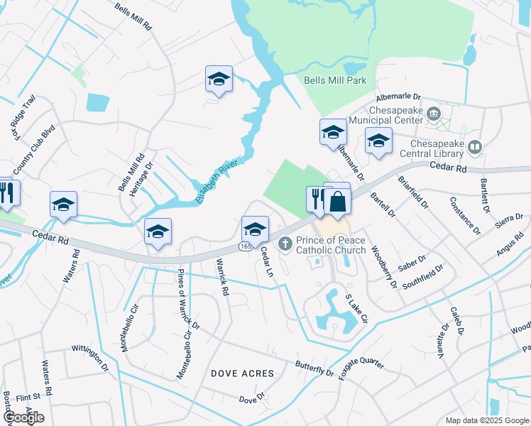 map of restaurants, bars, coffee shops, grocery stores, and more near 546 Mill Landing Road in Chesapeake