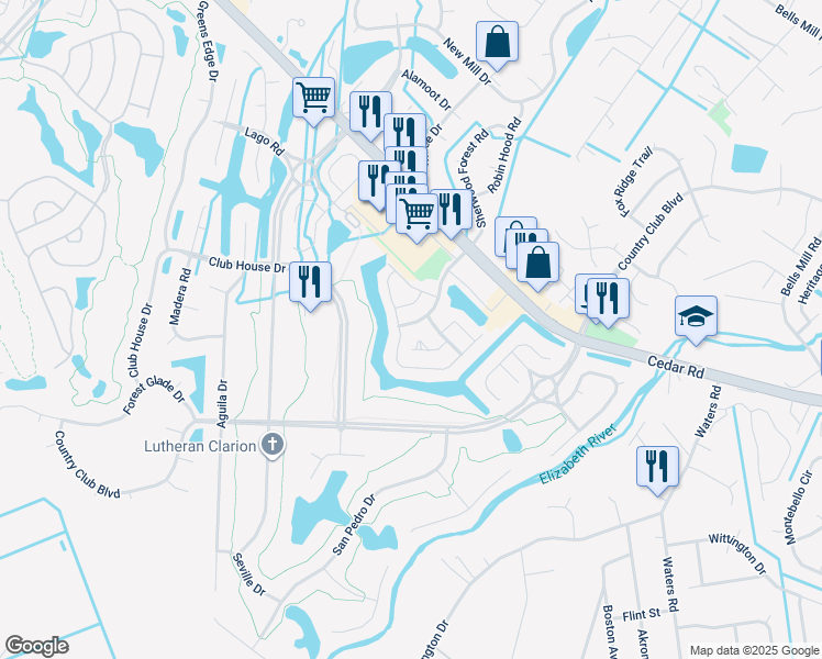 map of restaurants, bars, coffee shops, grocery stores, and more near 520 Cedar Commons in Chesapeake