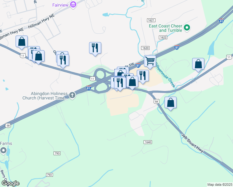 map of restaurants, bars, coffee shops, grocery stores, and more near 24440 Maringo Road in Abingdon
