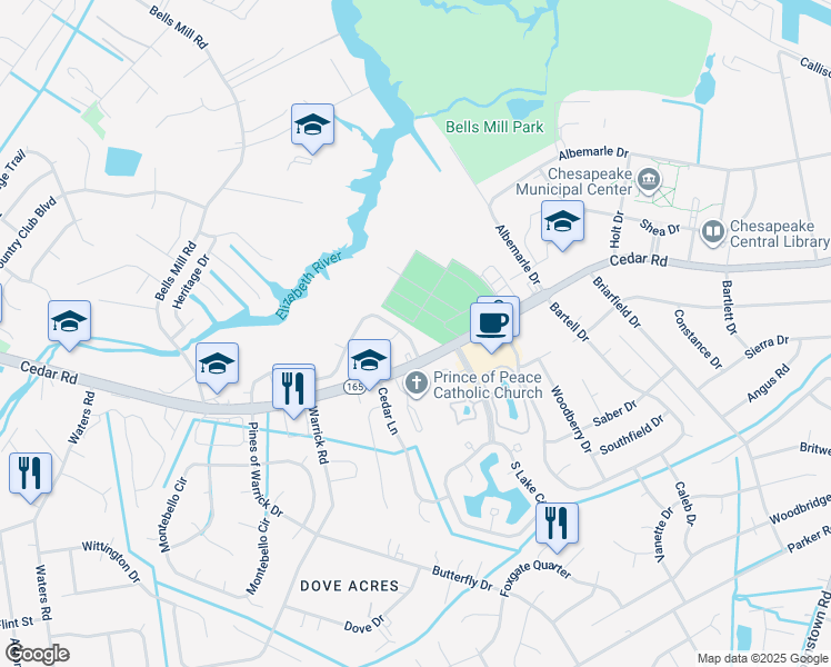 map of restaurants, bars, coffee shops, grocery stores, and more near 524 Mill Landing Road in Chesapeake